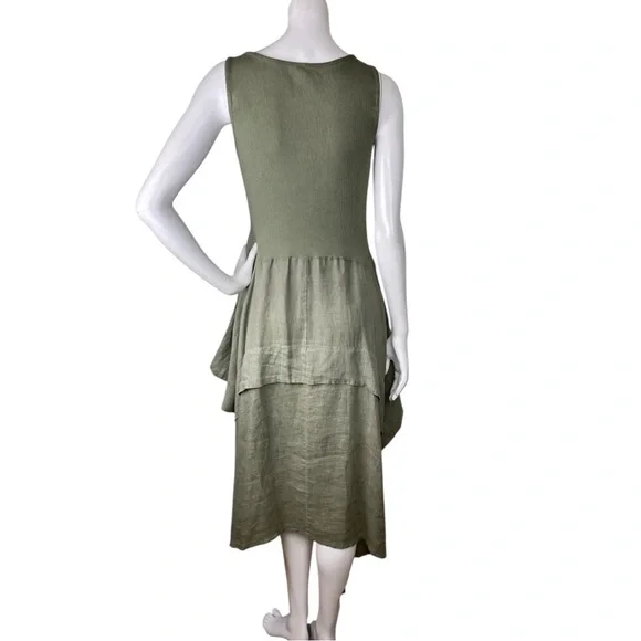 INIZIO 100% Linen Green Tiered Midi Tank Dress Sleeveless Stretch Women’s Medium - Picture 4 of 16